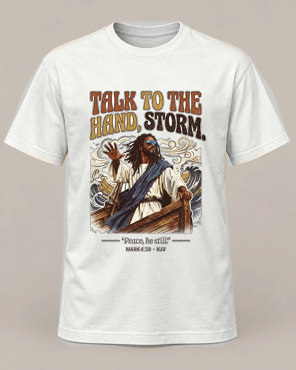 Talk to the Hand, Storm, White crew concept, front — AI garment preview; placement and color may vary. Not a production proof.