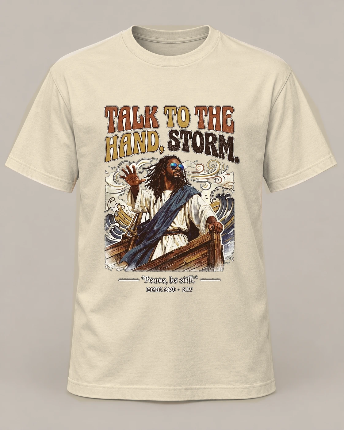 Talk to the Hand, Storm, Natural crew concept, front — AI garment preview; placement and color may vary. Not a production proof.