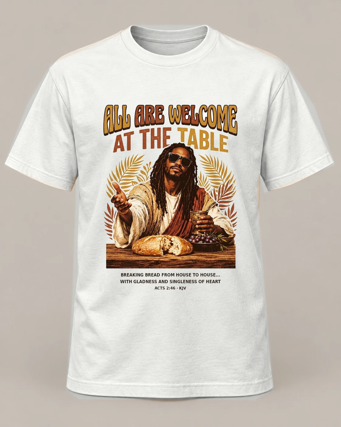 All Are Welcome at the Table, White crew concept, front — AI garment preview; placement and color may vary. Not a production proof.